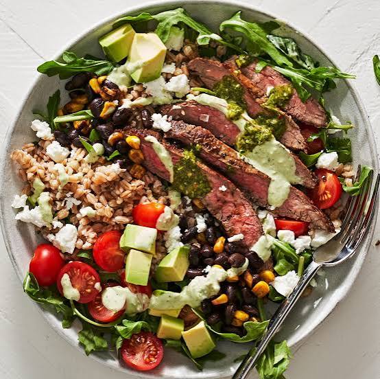 CHAR GRILLED HANGER STEAK & TOASTED FARRO BOWL